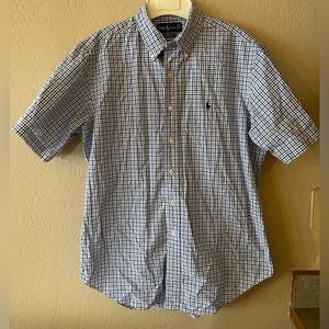 Ralph Lauren Size L Classic Fit Button Up Blue White Plaid Short Sleeve Men Prep